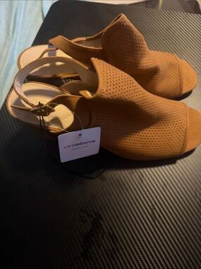 Liz Claiborne Tan Perforated Slingback Wedge Sandals